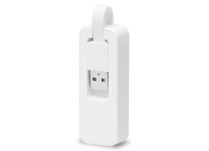 Vista lateral del adaptador de red TP-Link UE200 con diseño compacto y portátil