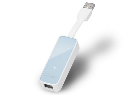 Adaptador de red TP-Link UE200 USB a Ethernet vista frontal con cable plegable