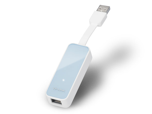 Adaptador de red TP-Link UE200 USB a Ethernet vista frontal con cable plegable
