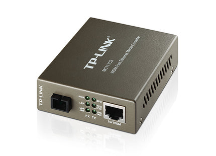 Adaptador TP-LINK MC111CS convertidor de medios WDM 10/100 Mbps vista frontal con puertos de conexión