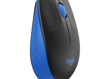 Mouse Logitech M190 azul vista lateral izquierda mostrando diseño ergonómico