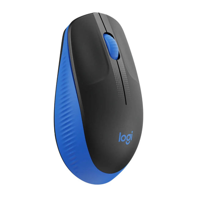 Mouse Logitech M190 azul vista lateral izquierda mostrando diseño ergonómico