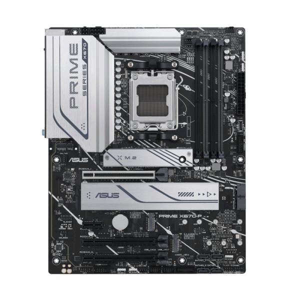 Tarjeta madre ASUS PRIME X670-P AM5 ATX vista frontal completa con conectores DDR5