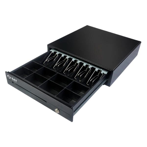 Gaveta de Dinero SAT América 119X Black | 410x420x100mm | 5 Compartimientos para Billetes | 8 Compartimientos para Monedas | Apertura Automática y Manual