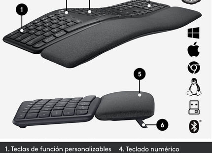 Vista superior del K860 destacando el diseño curvo dividido y espaciado ergonómico de teclas