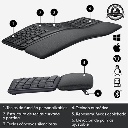 Teclado Ergonómico Logitech Ergo K860 for Business | Inalámbrico | Bluetooth | Español
