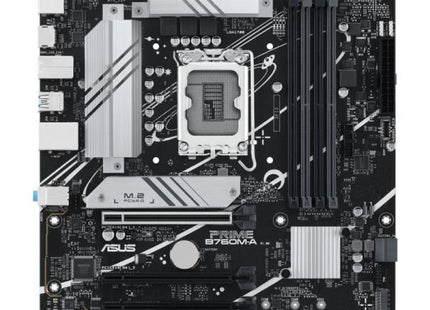 Tarjeta madre ASUS PRIME B760M-A micro-ATX vista frontal con socket LGA1700 y ranuras DDR5