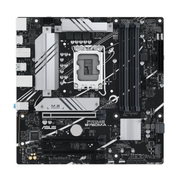 Tarjeta madre ASUS PRIME B760M-A micro-ATX vista frontal con socket LGA1700 y ranuras DDR5