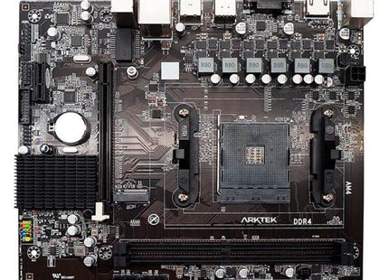 Tarjeta madre ARKTEK AK-A320M EG AM4 micro-ATX con slots DDR4 color negro vista frontal completa