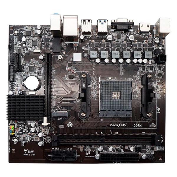 Tarjeta madre ARKTEK AK-A320M EG AM4 micro-ATX con slots DDR4 color negro vista frontal completa