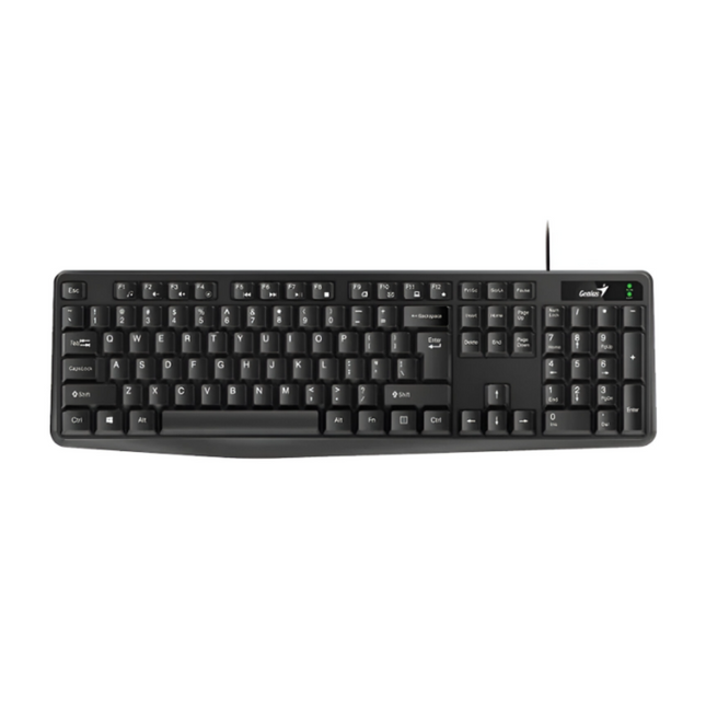 Vista lateral del teclado Genius KB-117 mostrando perfil bajo de teclas