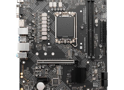 Vista lateral de motherboard MSI H610M-G mostrando altura de componentes y diseño compacto