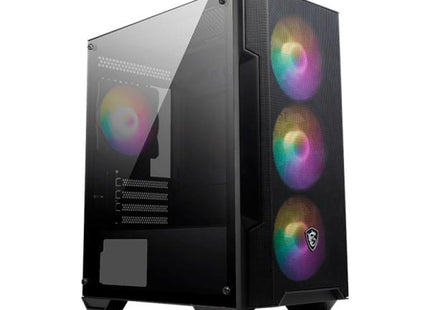 Case Gaming MSI MAG Forge M100A vista diagonal completa en color negro con detalles transparentes