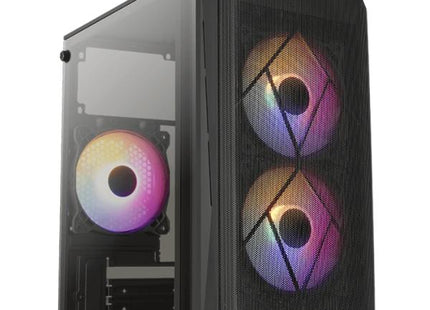 Case Gaming RGB Aerocool CS-107-A-BK-V2 vista frontal con malla y ventiladores LED
