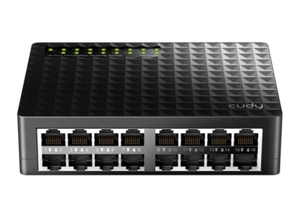 Switch Cudy FS1016D vista frontal con 16 puertos RJ45 y indicadores LED