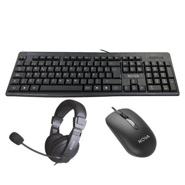 Combo Teclado, Mouse y Headset Nova KB5982U0001C | USB Alámbrico | Teclado Membrana | Mouse Ergonómico | Audífonos con Micrófono