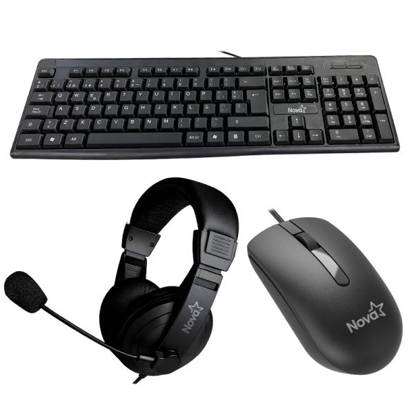 Combo Teclado, Mouse y Headset Nova KB5982U0001C | USB Alámbrico | Teclado Membrana | Mouse Ergonómico | Audífonos con Micrófono