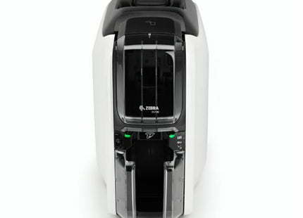 Impresora Zebra ZC100 punto de venta vista frontal con bandeja de tarjetas