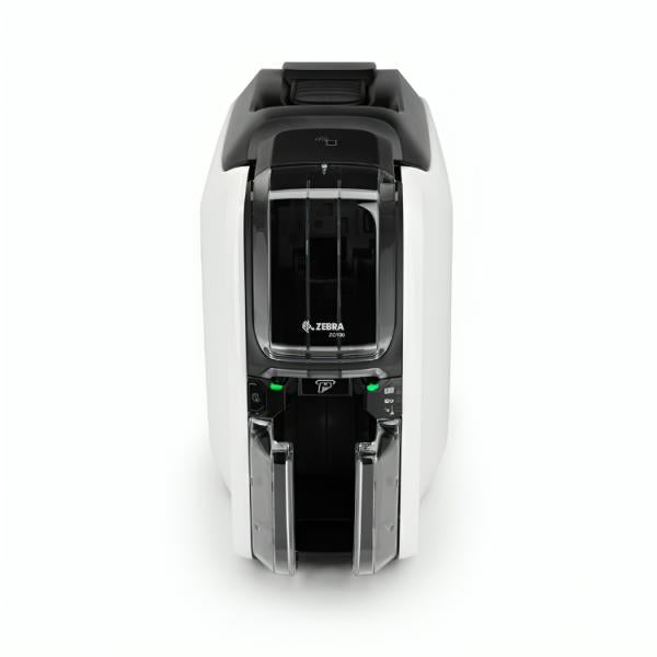 Impresora Zebra ZC100 punto de venta vista frontal con bandeja de tarjetas