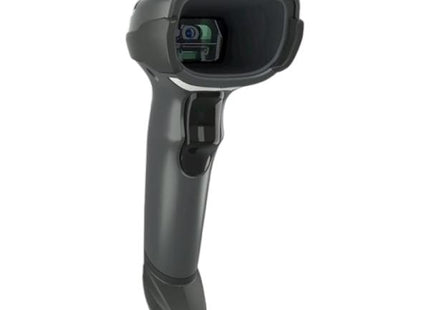 Lector código barras Zebra DS4608-SR vista frontal con stand USB negro