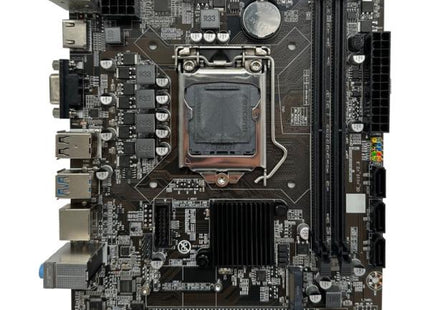Tarjeta madre ARKTEK AK-H110M EG negra vista frontal con slots DDR4 y socket LGA1151