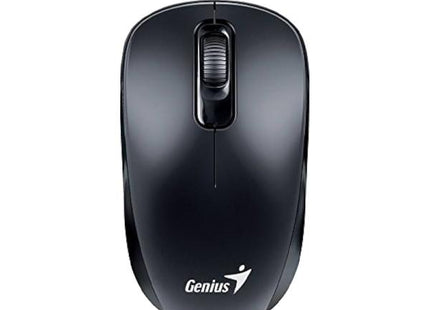 Ángulo diagonal del mouse Genius RS2 DX-110 negro sobre superficie blanca