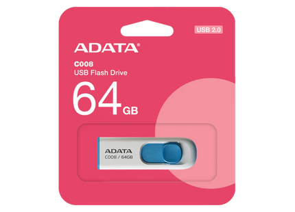 Memoria USB 2.0 ADATA C008 | 64GB | Conector Retráctil | Blanco y Azul