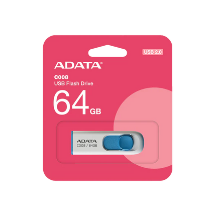 Memoria USB 2.0 ADATA C008 | 64GB | Conector Retráctil | Blanco y Azul