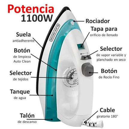 Plancha de Vapor Black+Decker IRBD100 | 1100 W | Suela Antiadherente | Golpe y Spray | Selector de Tela