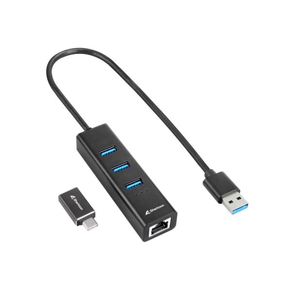 HUB USB SHARKOON SHARK 3-PORT USB 3.2 GEN 1 ALU HUB +RJ45 ETHERNET 4044951037575