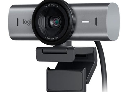 Vista cenital cámara Logitech MX Brio destacando diseño ergonómico