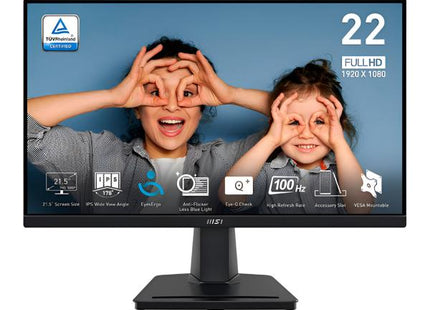 Monitor MSI PRO MP225 vista completa en escritorio mostrando tamaño 21.5 pulgadas y diseño elegante