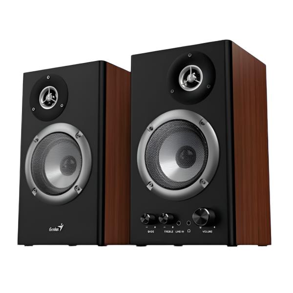 Parlantes Estéreo Genius SP-HF1200B | 2.0 | 36W RMS | Madera | Control de Graves y Agudos | Entrada 3.5mm