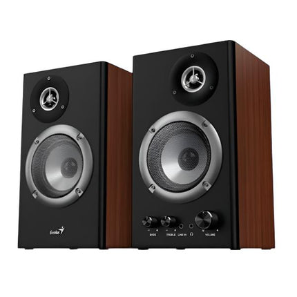 Parlante Genius RS2 SP-HF1200B | Parlante Estéreo | 6W RMS | Conexión 3.5mm | RCA | Acabado en Madera