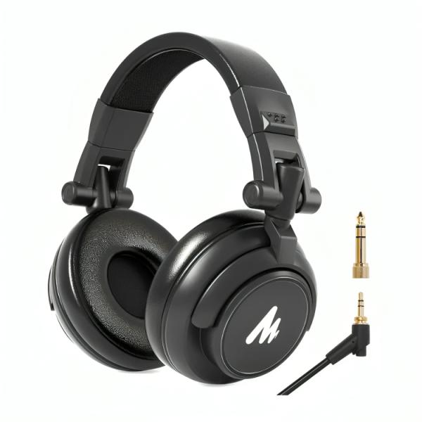 Headset MAONO AU-MH601 negro vista frontal con diadema ajustable y copas acolchadas