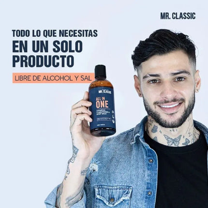 Shampoo All In One Mr. Classic Placent Life | 400ml | Limpieza total para cabello, barba y cuerpo | Ideal para hombres prácticos
