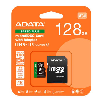 Memoria MicroSDXC ADATA Speed Plus UD128GUI3V30A2SP-RA1 | 128GB | Clase 10 | UHS-I U3 V30 A2 | Con Adaptador