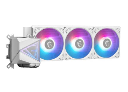 Vista frontal del sistema AIO MSI I360 White mostrando bomba y conexiones para CPU