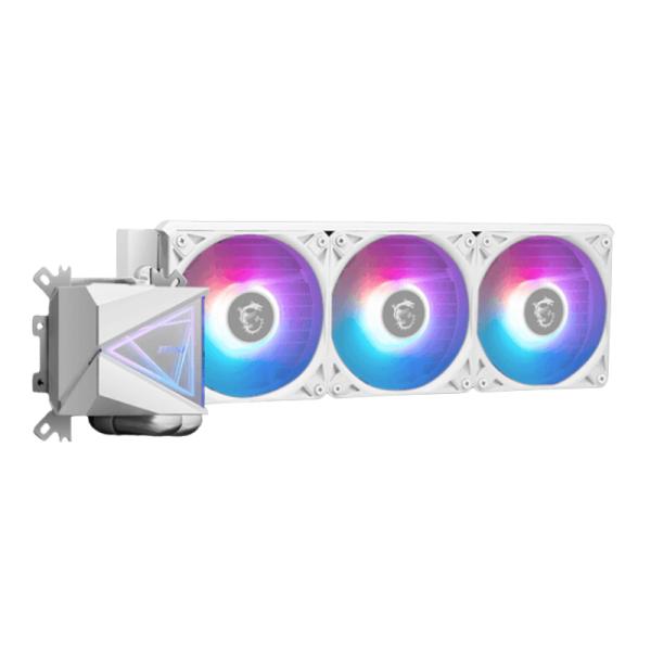 Vista frontal del sistema AIO MSI I360 White mostrando bomba y conexiones para CPU