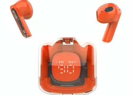 Audífonos Bluetooth TWS Moonki MH-TWS50 naranja vista frontal con estuche de carga