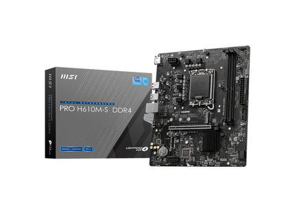 Vista lateral de tarjeta madre MSI H610M-S mostrando conectores SATA y headers internos