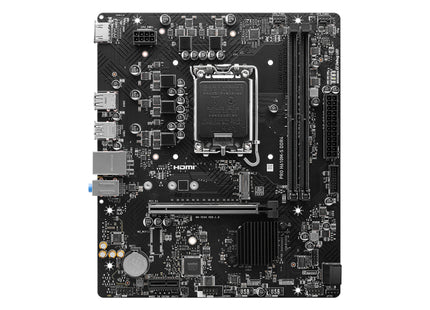 Vista diagonal de MSI PRO H610M-S destacando el chipset H610 y diseño Micro ATX compacto
