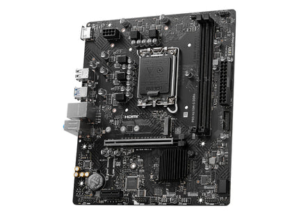 Vista superior de motherboard MSI H610M-S mostrando conectores de alimentación y slots de expansión