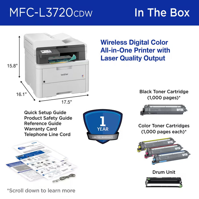 Impresora Multifuncional Brother MFC-L3720CDW a Color Wi-Fi Doble Banda Dúplex con Fax