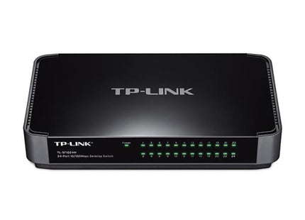 Switch TP-Link TL-SF1024M vista frontal con 24 puertos RJ45 y LEDs indicadores