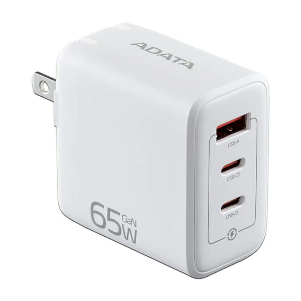 Cargador de Pared ADATA GaN 65W | 2x USB-C PD 3.0 | 1x USB-A QC 3.0 | Blanco | CHARGERU-0653-QCPDWH