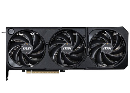 Tarjeta de video MSI GeForce RTX 5070 SHADOW 3X OC vista frontal mostrando triple ventilador y diseño negro
