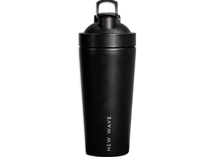 Botella térmica New Wave Shaker 946ml color negro y gris con tapa antiderrames vista frontal