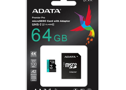 Memoria MicroSDXC ADATA Premier Pro | 64GB | Clase 10 | UHS-I U3 | V30 | A2 | 100/80 MB/s | Con Adaptador SD