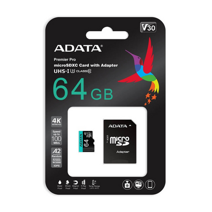 Memoria MicroSDXC ADATA Premier Pro | 64GB | Clase 10 | UHS-I U3 | V30 | A2 | 100/80 MB/s | Con Adaptador SD
